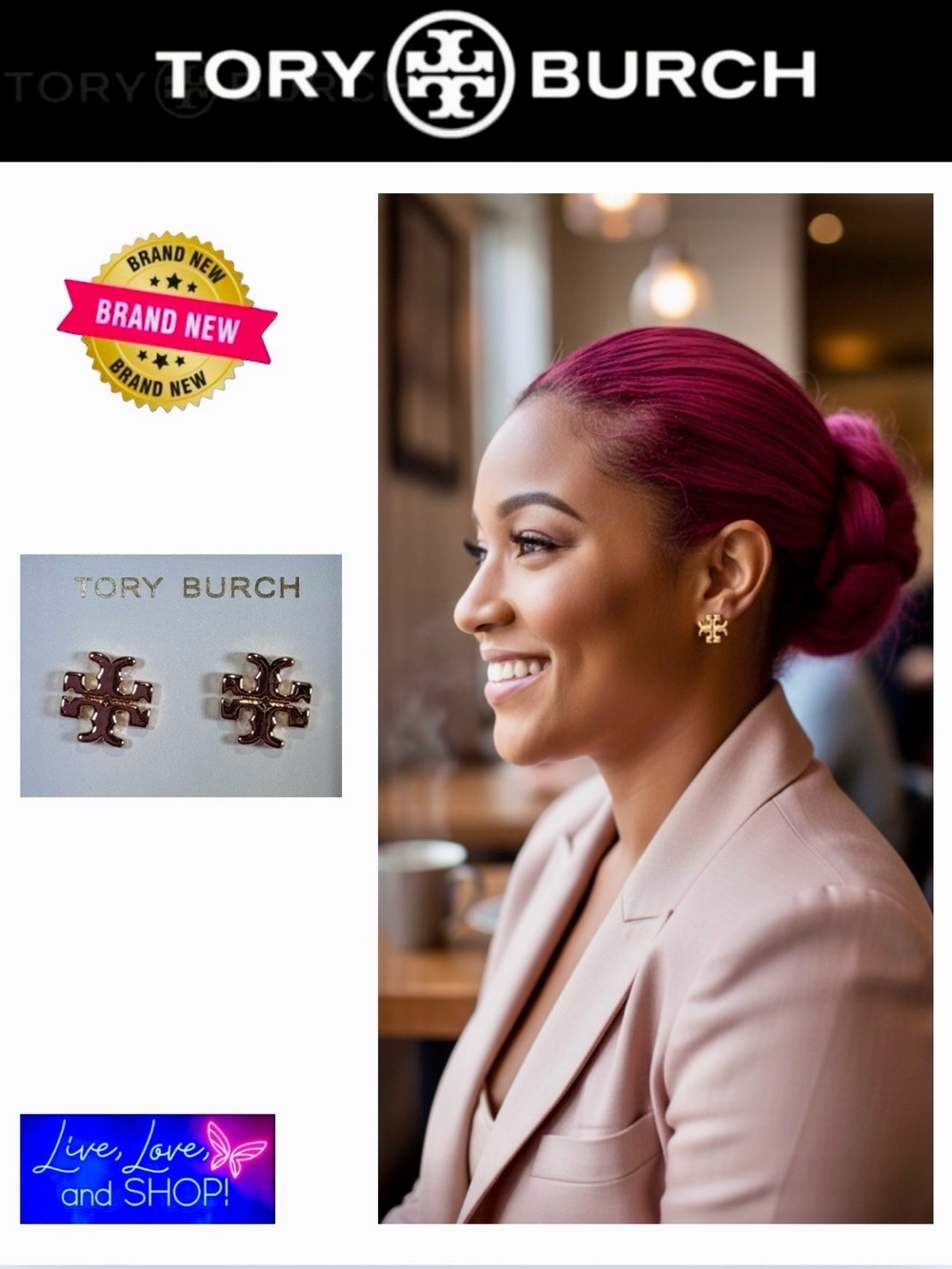EARRINGS: TORY BURCH Rose Gold Double-T Logo Studs, NWOT - Picture 1 of 12